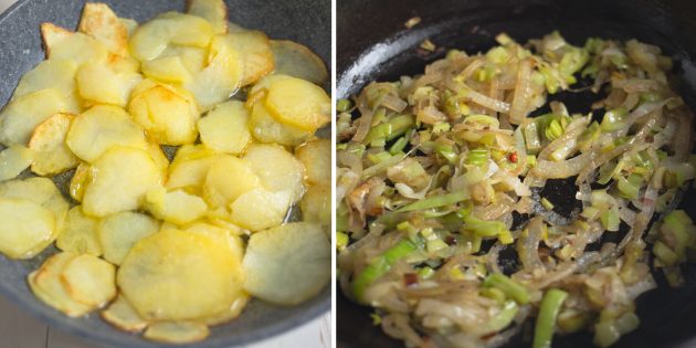 картофельный омлет: обжарьте лук и картофель