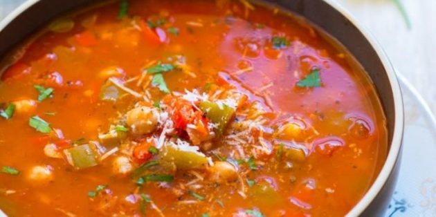 овощные супы: суп с болгарским перцем, помидорами, нутом и рисом