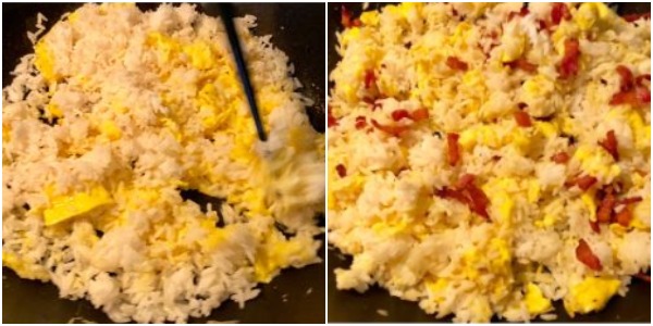Как приготовить жареный рис с яйцом: Когда рис прогреется, добавьте бекон, соль и соевый соус и хорошо перемешайте