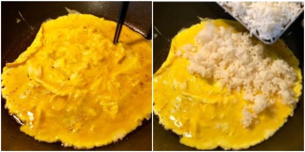 Как приготовить жареный рис с яйцом: Поджарьте яйца и добавьте рис