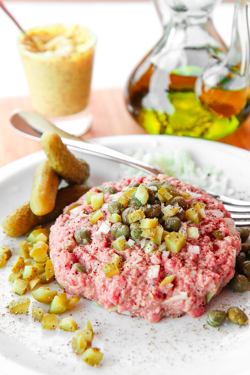 FRENCH STEAK TARTARE RECIPE AND HISTORY - with mustard and pickled cucumber