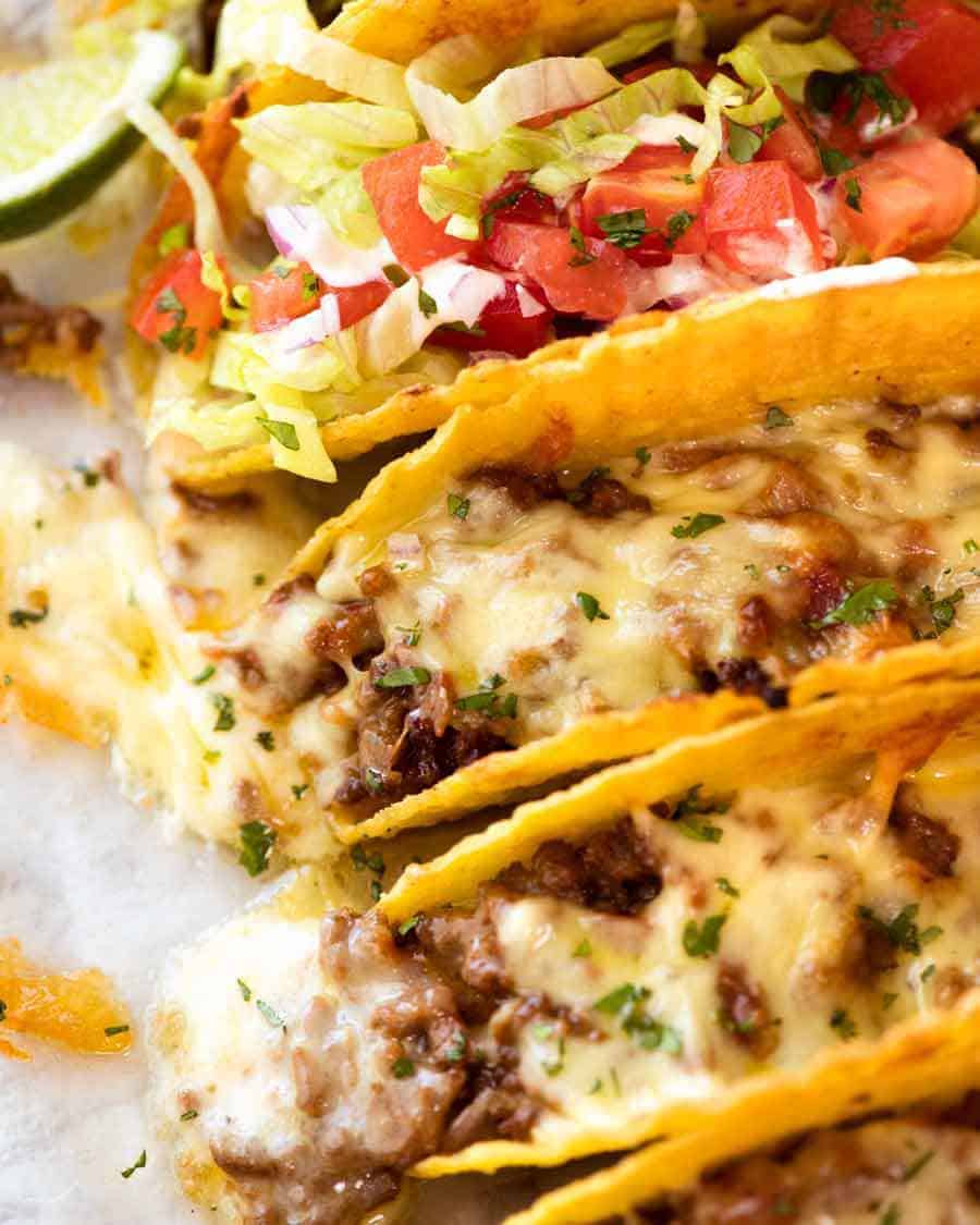 Close up of Beef Taco recipe, fresh out of the oven, with taco meat and melted cheese