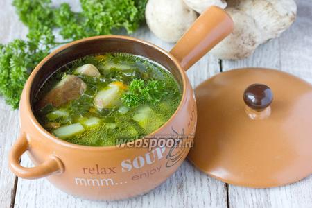 Фото рецепта Суп с белыми грибами и шпинатом