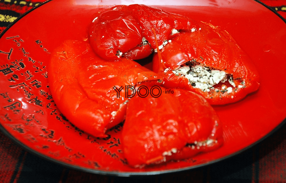 четыре красных болгарских перца с начинкой из сыра лежат на красной тарелке